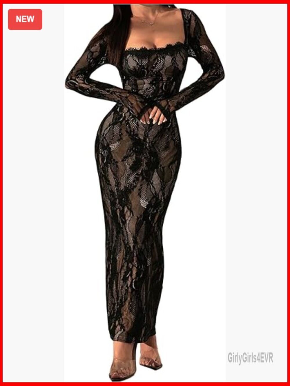 Lace Slit Back Fishtail Long Dress Square Neck Cocktail Bodycon Midi Dress